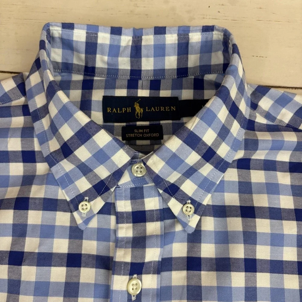 Ralph Lauren Check Shirt Mens Large Blue Slim Fit Button-Down Long Sleeve